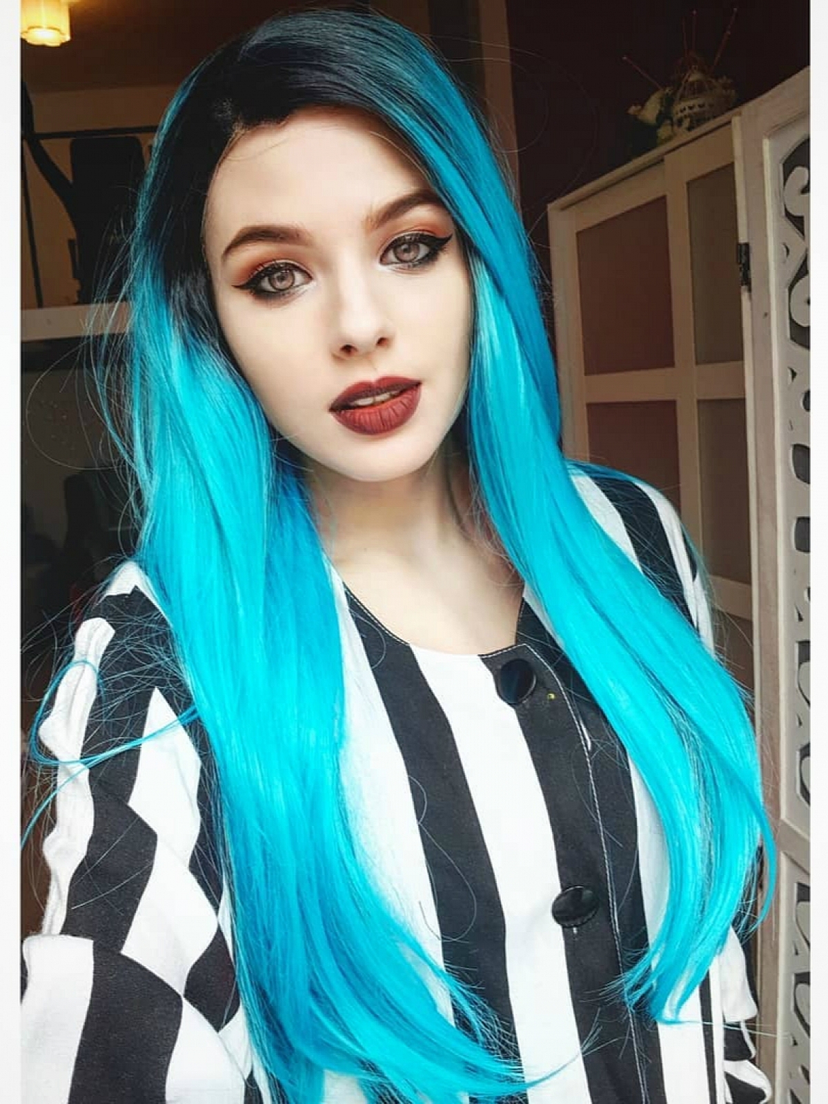 Electrical Blue Long Sleek Straight Synthetic Lace Front Wig with Dark Root