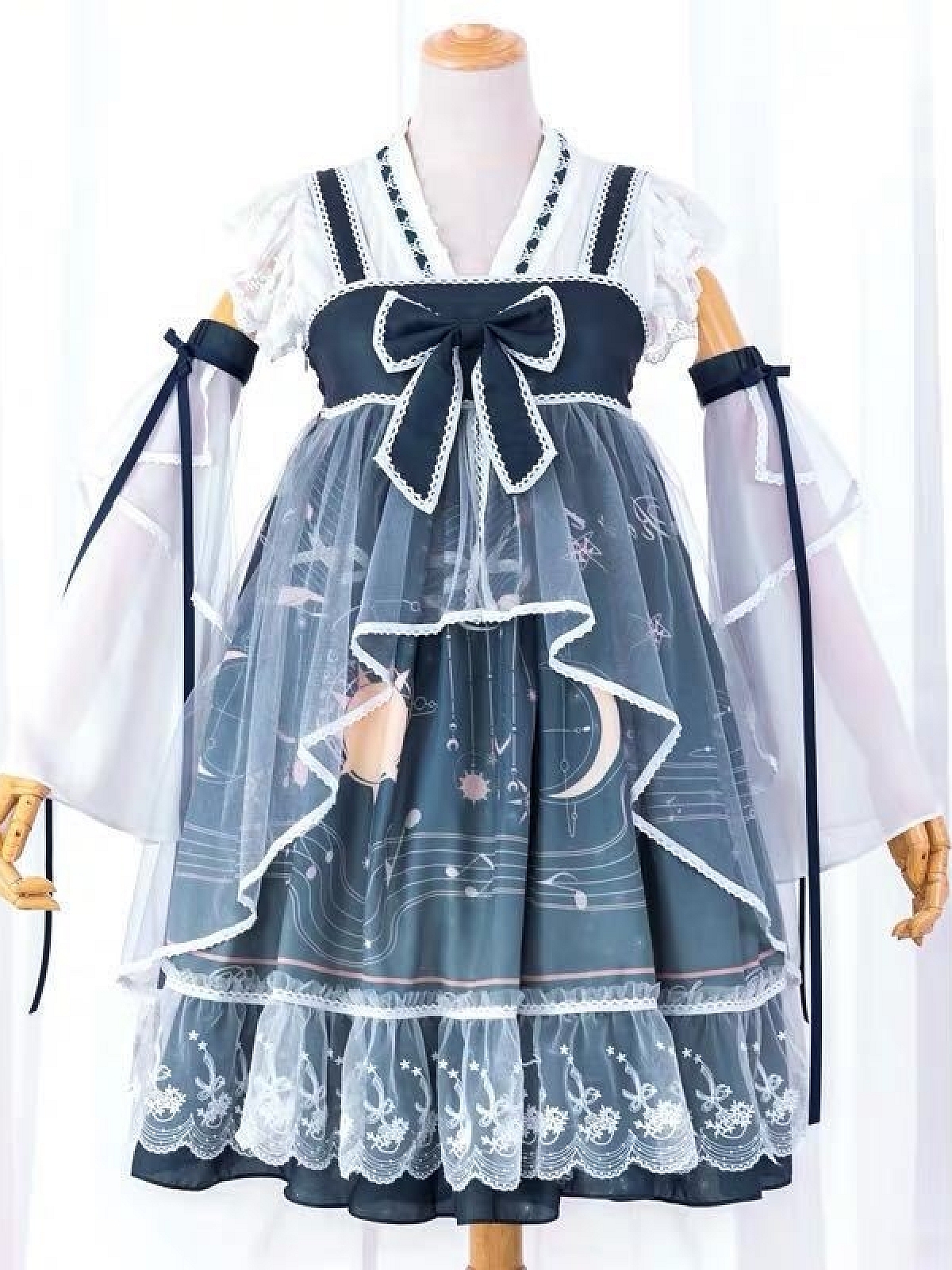 Evahair moon and musical note printed blue lolita dress