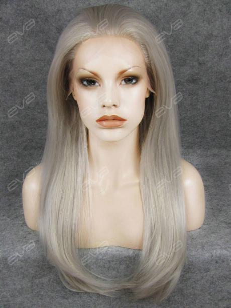 White Grey Long Straight Synthetic Lace Front Wig - All 