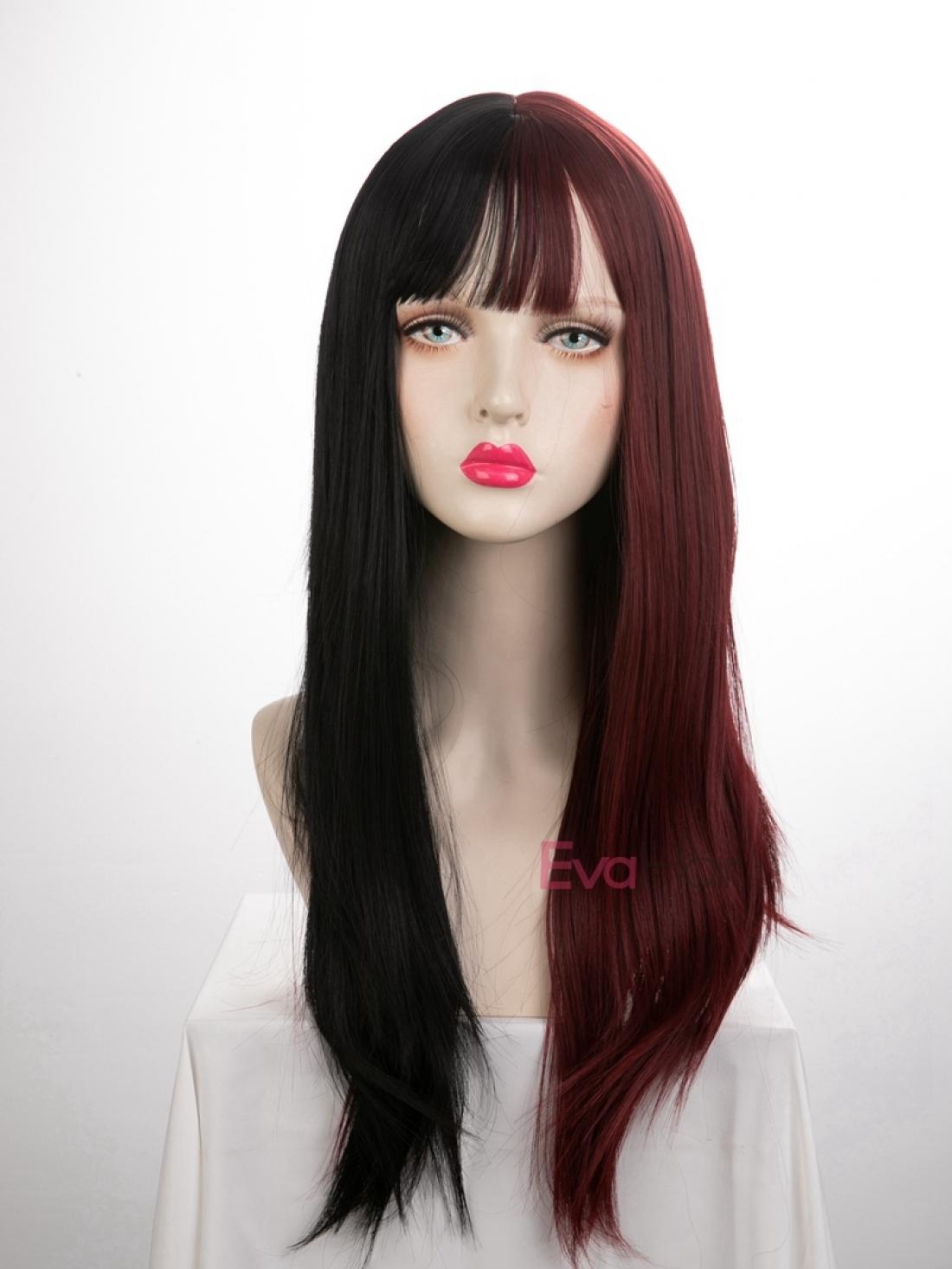 Evahair Half Black And Half Brown Wefted Cap Long Straight Synthetic Wig With Bangs Home Evahair