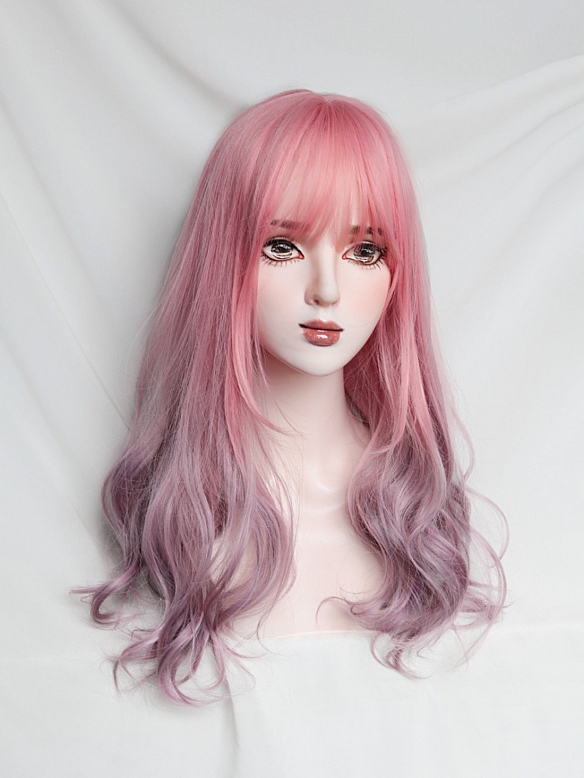 Evahair 2022 New Style Pink to Purple Ombre Long Wavy Synthetic Wig with Bangs