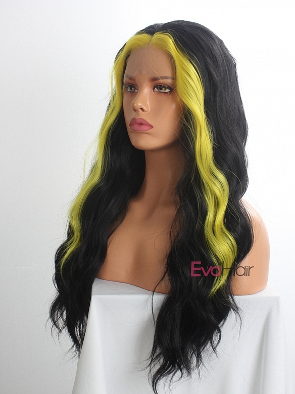 Evahair Black and Fore Yellow Long Wavy Synthetic Lace Front Wig