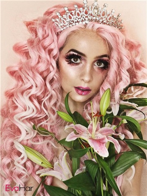 White Dip-dyed Pink Color Long Curly Synthetic Lace Front Wig