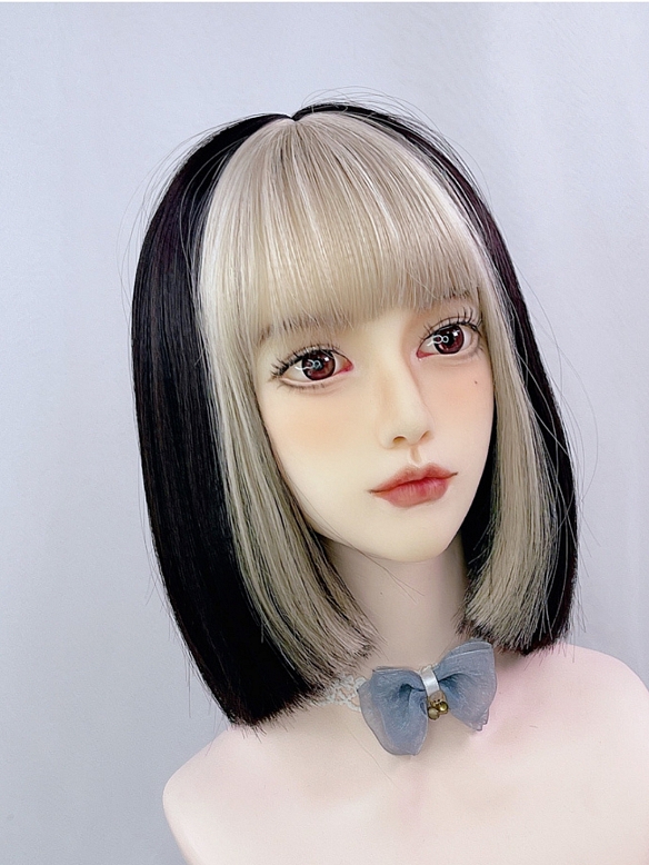 Evahair 2021 Special Offer Black and Blonde Mixed Color Short Straight Synthetic Wig with Bangs