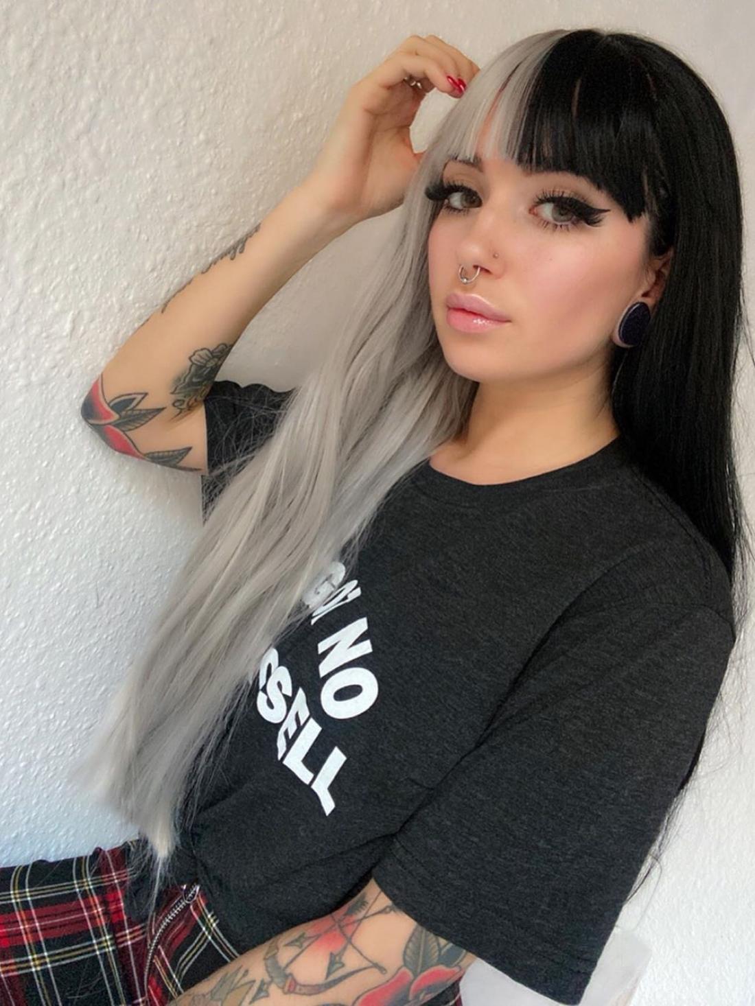 Half Black Half Grey Striaght Lace Front Wig With Full Bangs Home Evahair