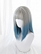 Evahair Grey to Blue Ombre Medium Length Straight Synthetic Wig with Bangs