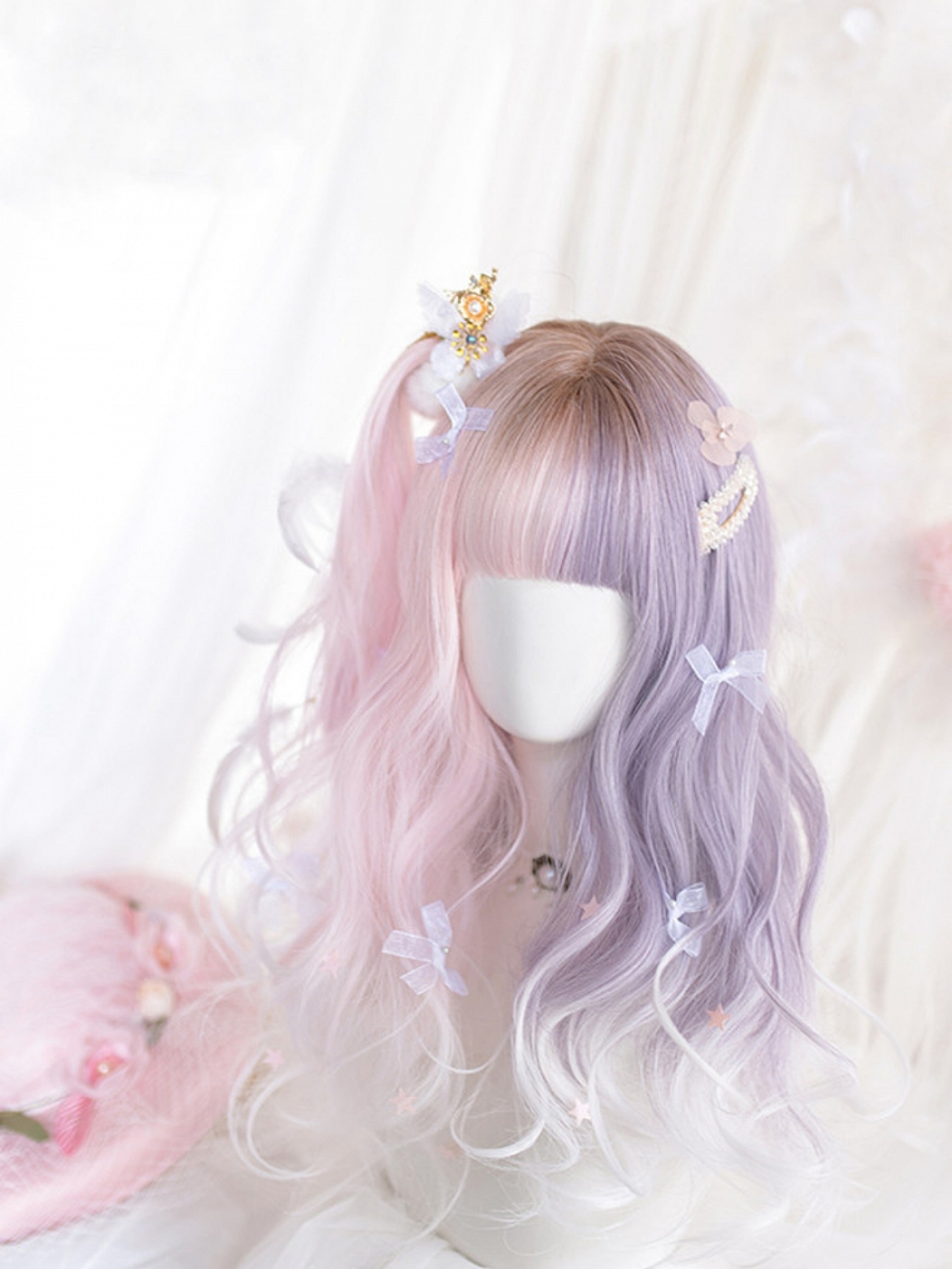 Evahair Cute Half Pink and Half Purple Medium Wavy Synthetic Wig with Bangs