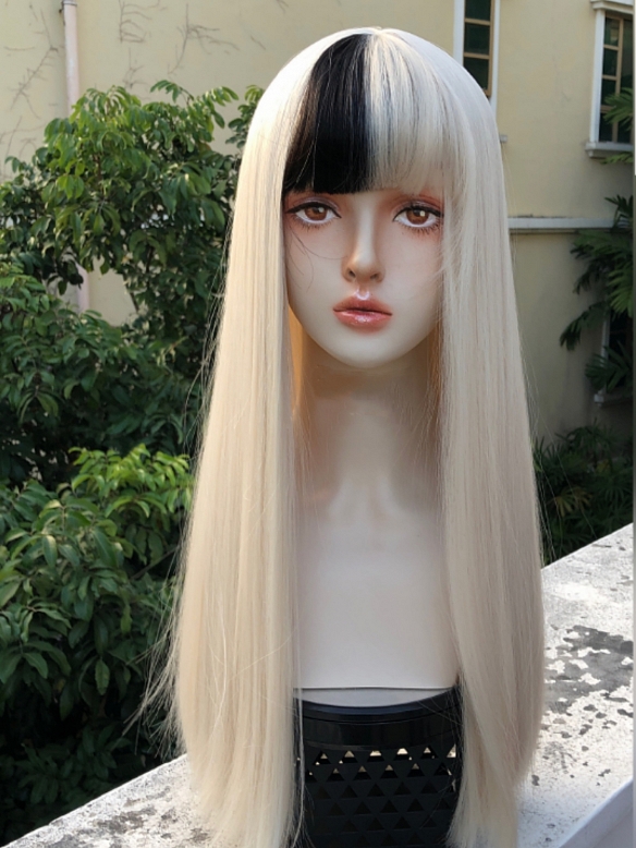 Evahair 2021 New Style Blonde and Black Mixed Color Long Straight Synthetic Wig with Bangs