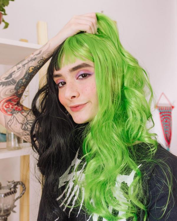 Evahair Half Black And Half Green Wefted Cap Wavy Synthetic Wig With Bangs Home Evahair