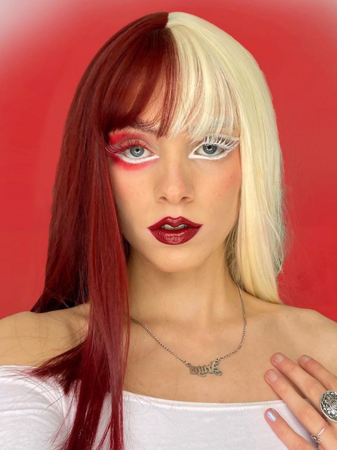 Evahair Half Red And Half Blonde Medium Straight Synthetic Wig With Bangs Home Evahair Evahair Half Red And Half Blonde Medium Straight Synthetic Wig With Bangs Home Evahair