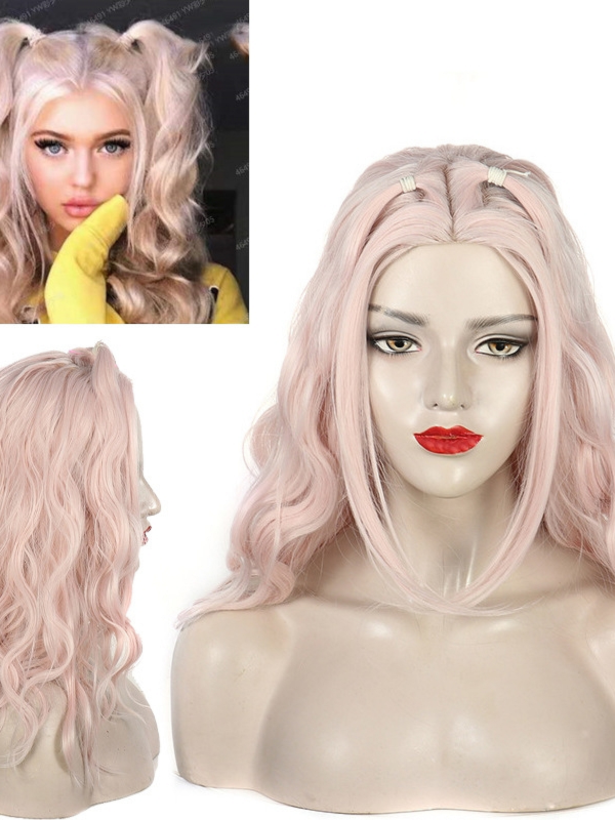 Fashion Lolita Pink centre parting long curly comic style wig