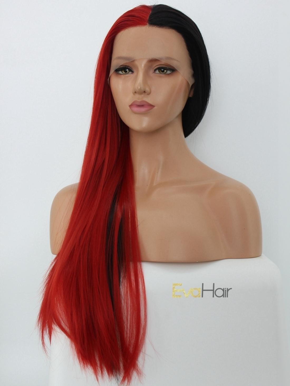 Half Black Half Red Synthetic Lace Front Wig All Synthetic Wigs Evahair