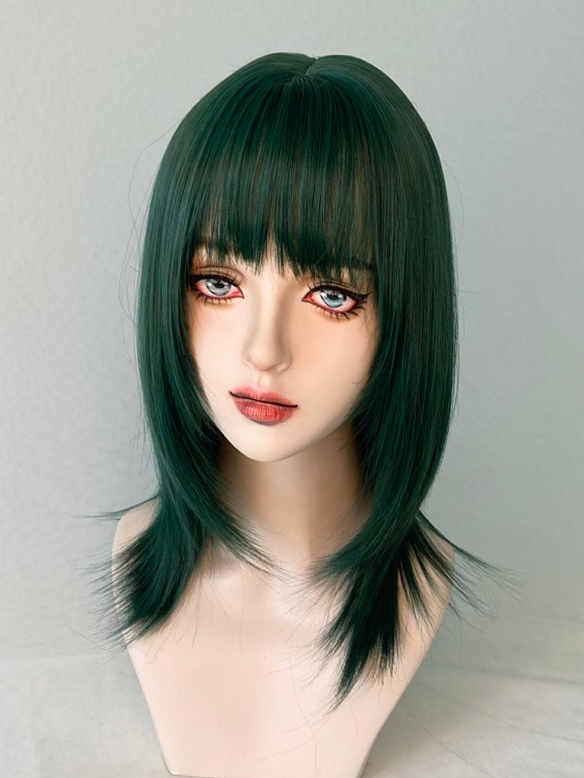 Evahair 2021 New Style Green Shoulder Length Straight Synthetic Wig with Bangs