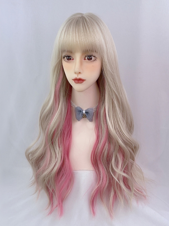 Evahair 2021 New Style Golden and Pink Mixed Color Long Wavy Synthetic Wig with Bangs