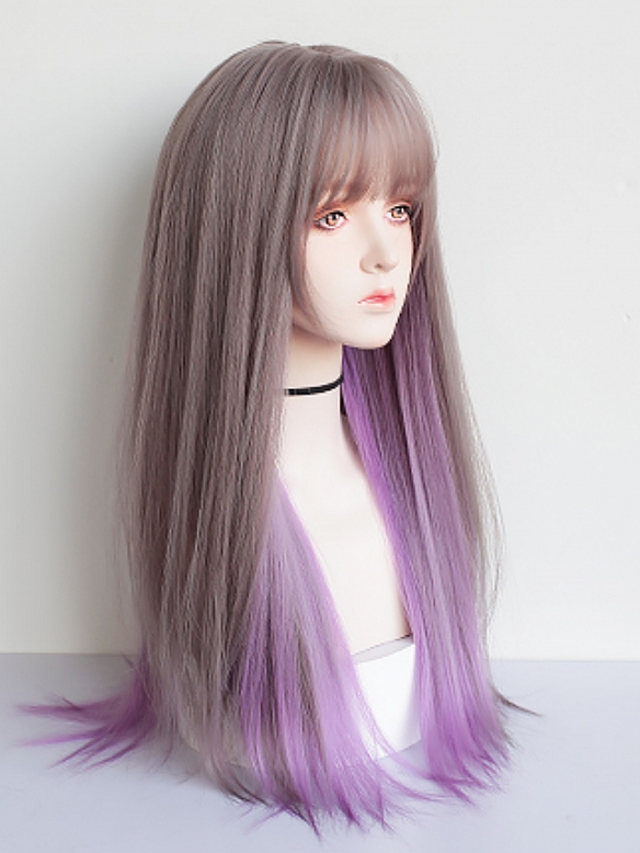 Evahair 2021 New Style Grey and Purple Mixed Color Long Straight Synthetic Wig with Bangs