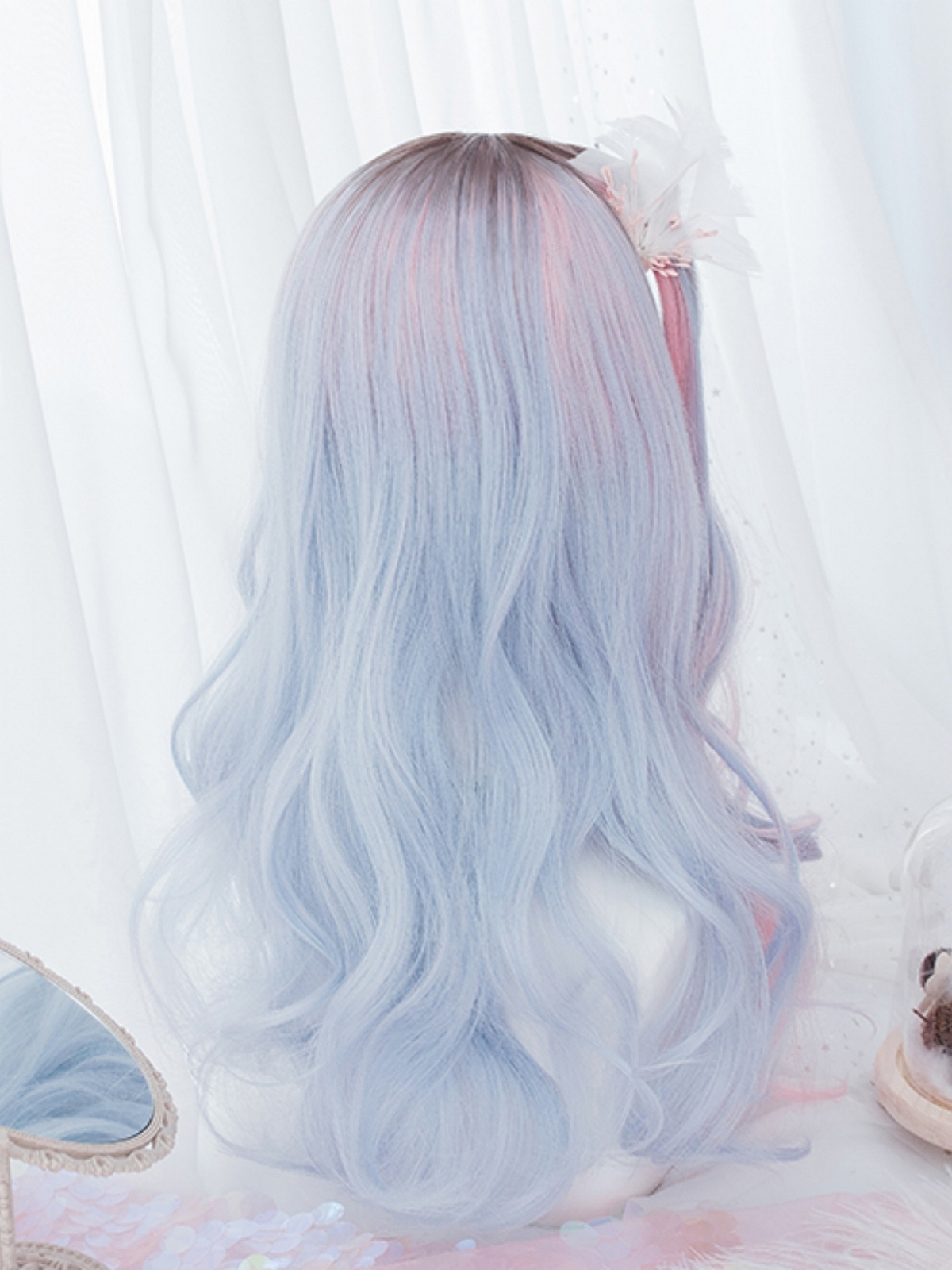 Evahair 2021 Lolita Half Blue and Half Pink Medium Wavy Synthetic Wig with Bangs