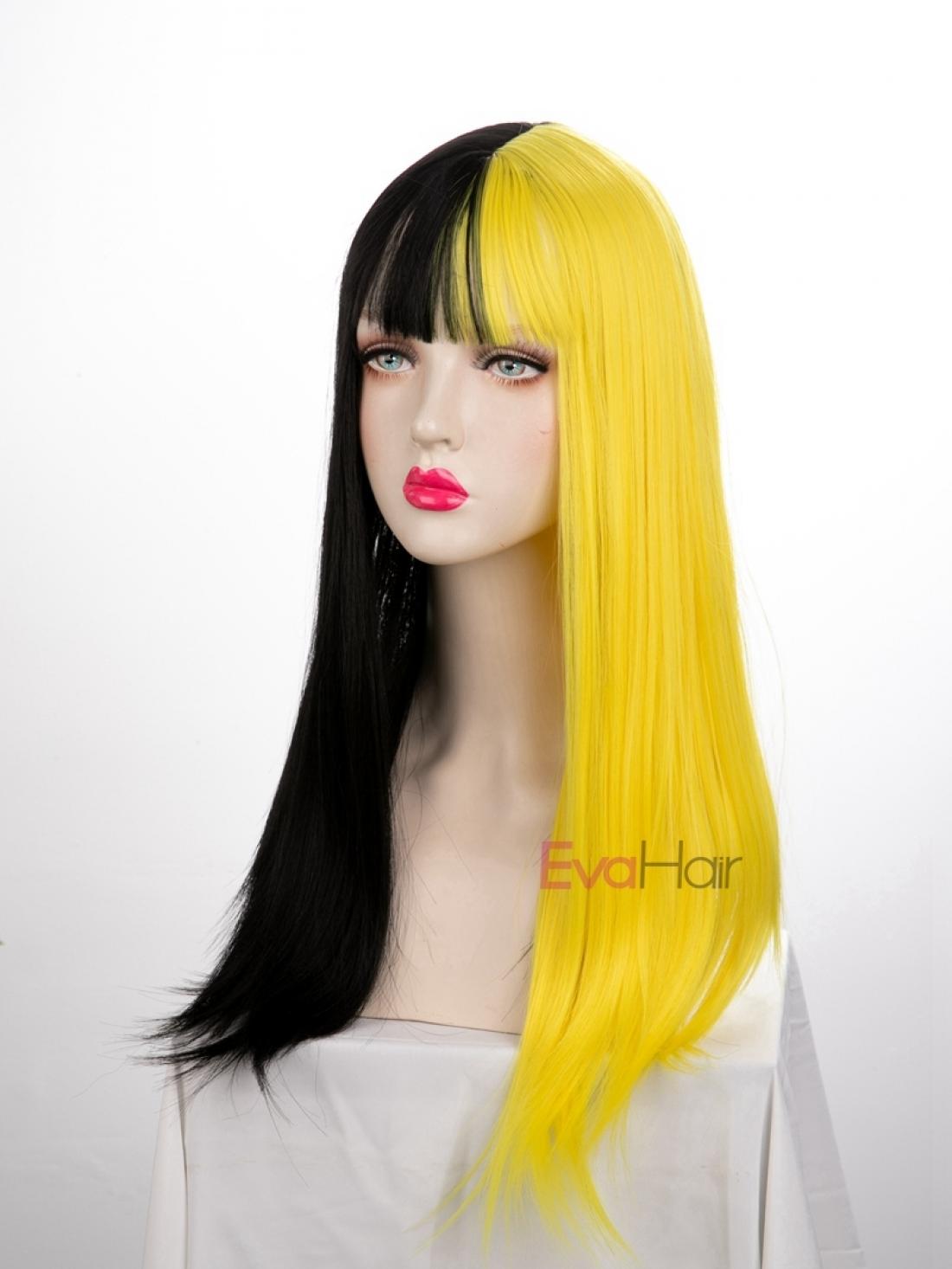 Evahair Half Black And Half Yellow Wefted Cap Long Staight Synthetic Wig With Bangs Home Evahair Evahair Half Black And Half Yellow Wefted Cap Long Staight Synthetic Wig With Bangs Home Evahair