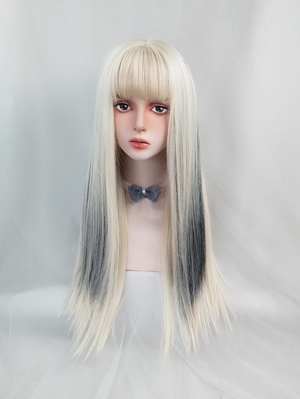 Evahair Cute Black and Blonde Mixed Color Long Straight Synthetic Wig with Bangs