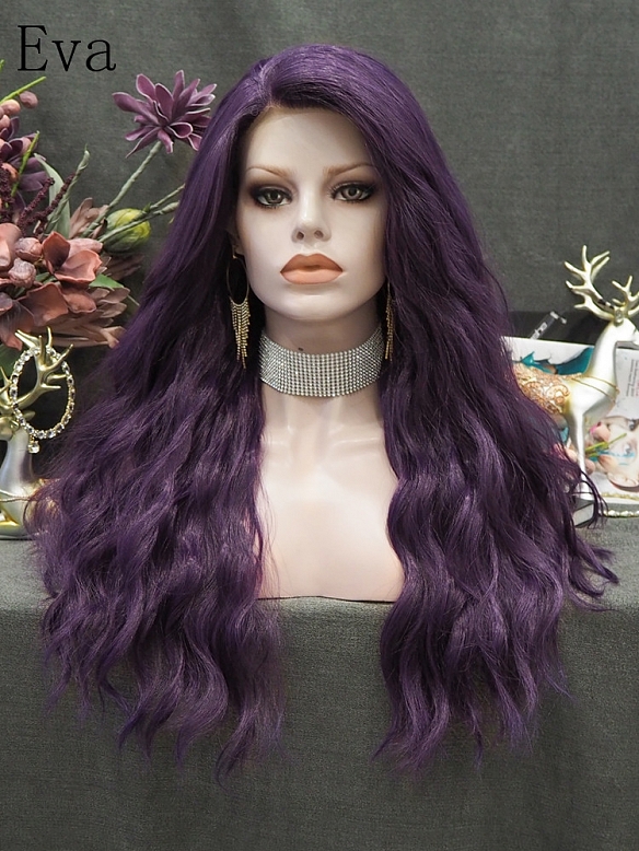Evahair Dark Purple Long Wavy Synthetic Lace Front Wig