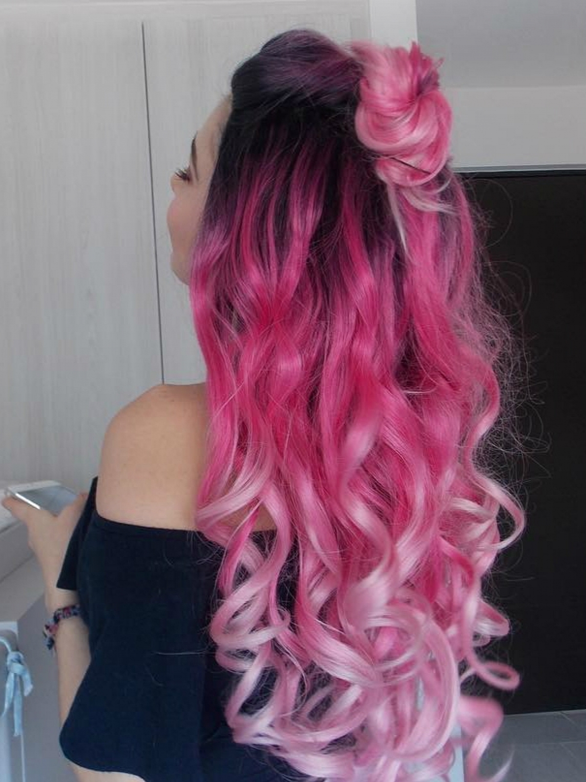 Graduated Pink Color with Dark Hair Root Long Wavy Style Synthetic Lace Front Wig All Synthetic Wigs EvaHair