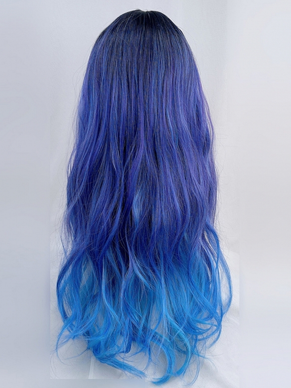 Evahair 2021 Special Offer Limited Blue and Purple Mixed Color Long Wavy Synthetic Wig with Bangs
