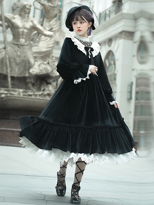 Evahair elegant long sleeve black lolita dress