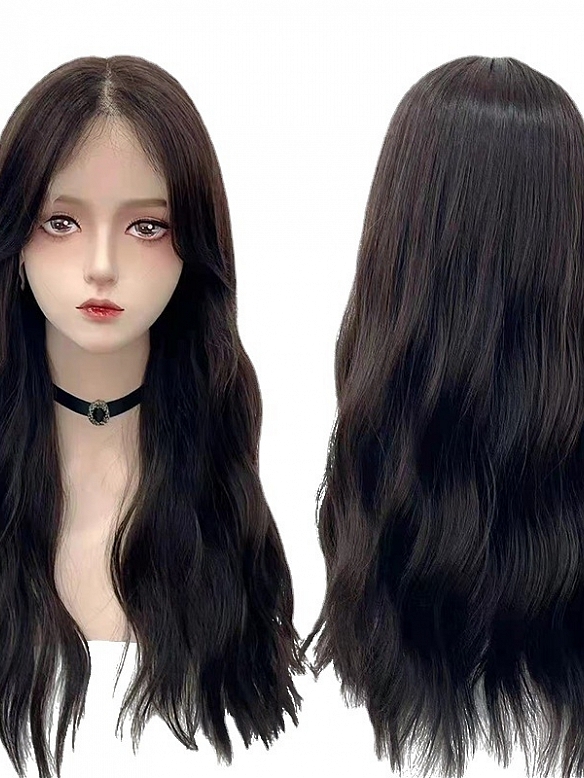 Black-brown Korean-style wavy lace front, middle part without bangs long curly wig
