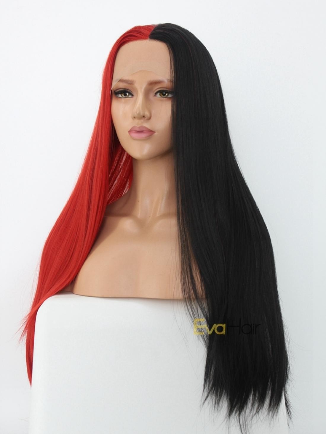 Half Black Half Red Synthetic Lace Front Wig - All Synthetic Wigs - EvaHair