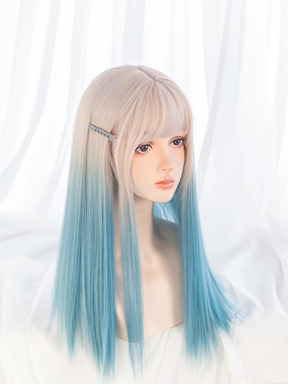 Evahair Beige to Bluish-Green Ombre Long Straight Synthetic Wig with Bangs