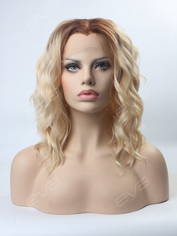 Blonde Ombre Color Medium Length Wavy Bob Synthetic Lace Front Wig