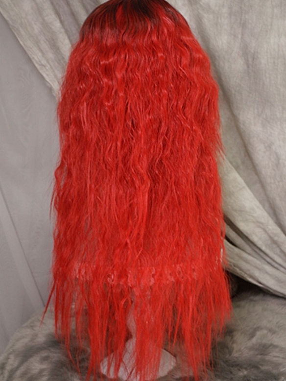 Evahair 2022 Vintage Style Red Long Wavy Synthetic Wig with Bangs and Dark Roots