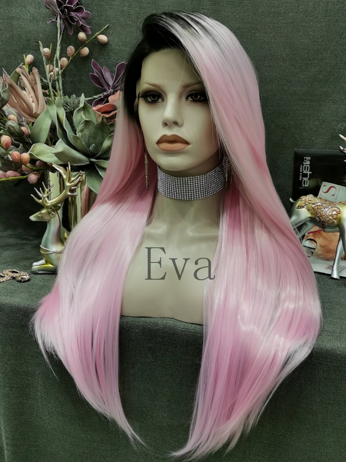 Evahair Pink Long Straight Synthetic Lace Front Wig With Black Root