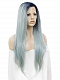 Pastel Blue Color with Black Root Long Straight Synthetic Lace Front Wig 