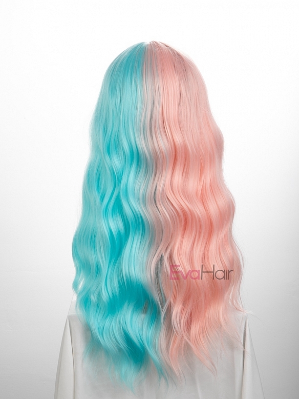 Evahair Half Pink and Half Blue Wefted Cap Wavy Synthetic Wig with Bangs