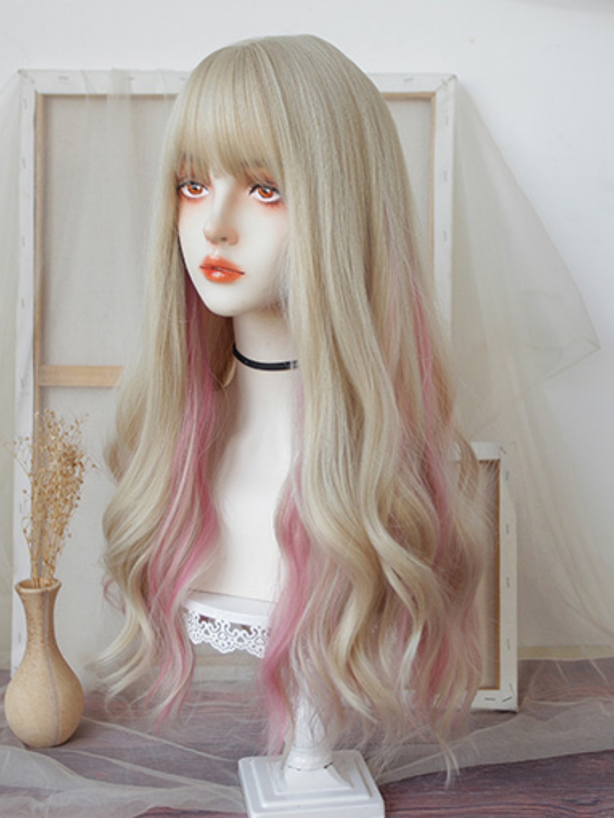Evahair 2021 New Style Cute Blonde and Pink Mixed Color Long Wavy Synthetic Wig with Bangs