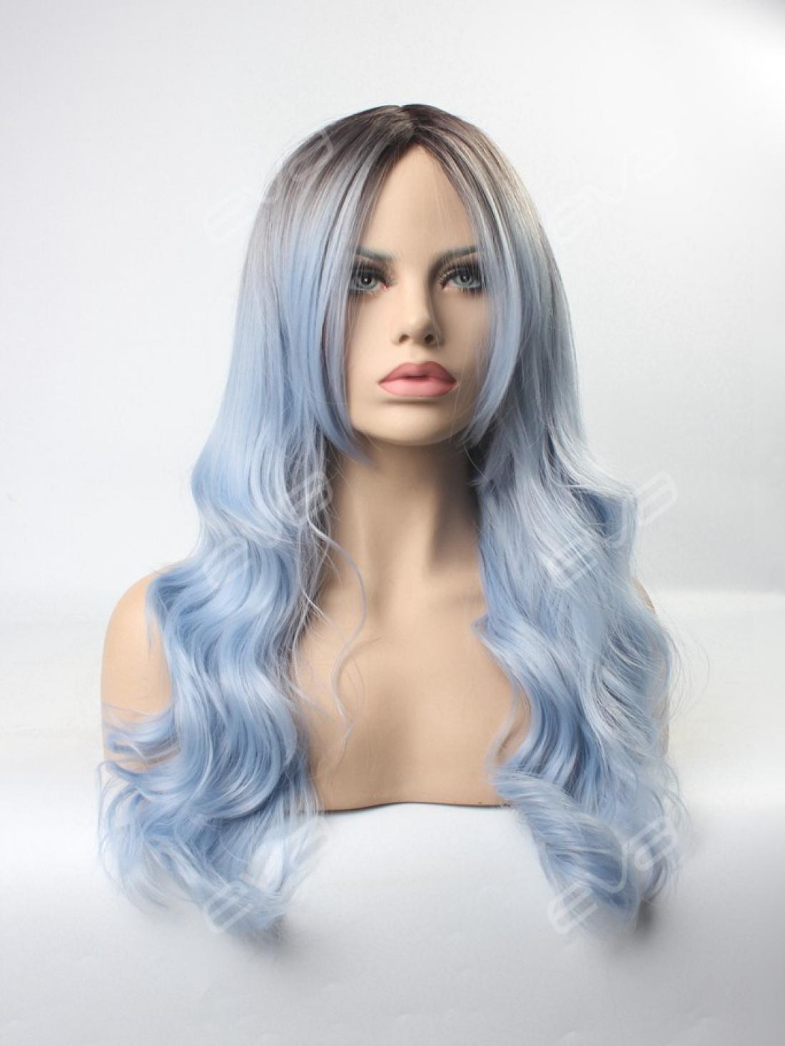Glacier Blue Ombre Wavy Wefted Cap Synthetic Wig - All ...