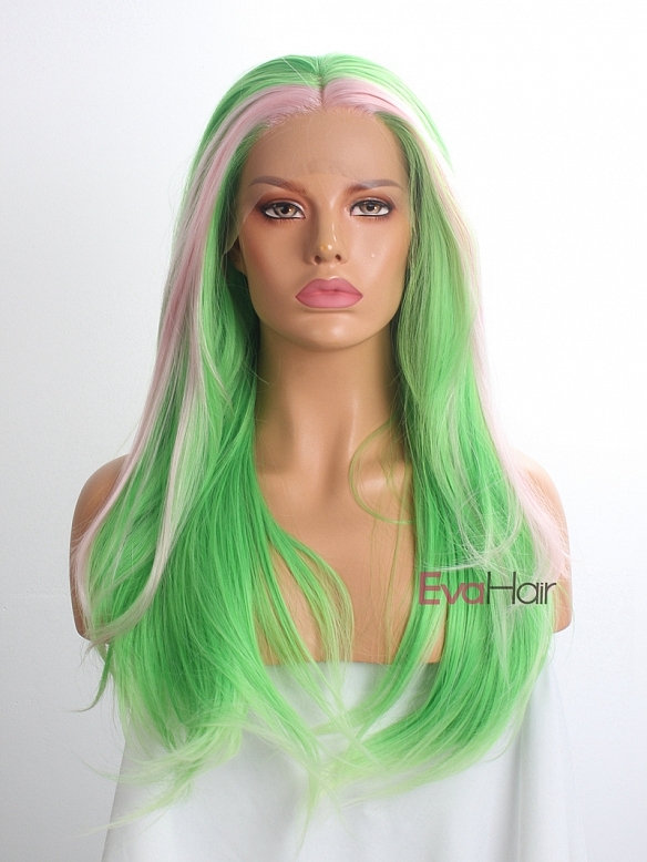 Evahair Green and Fore Pink Long Straight Synthetic Lace Front Wig 