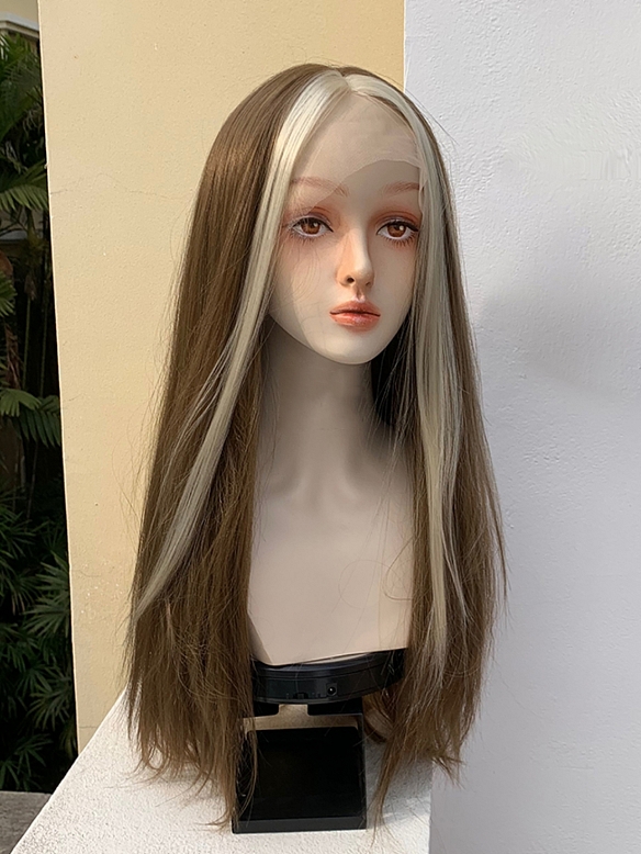 Preorder--2021 New Style White and Brown Mixed Color Long Straight Synthetic U-Part Lace Wig