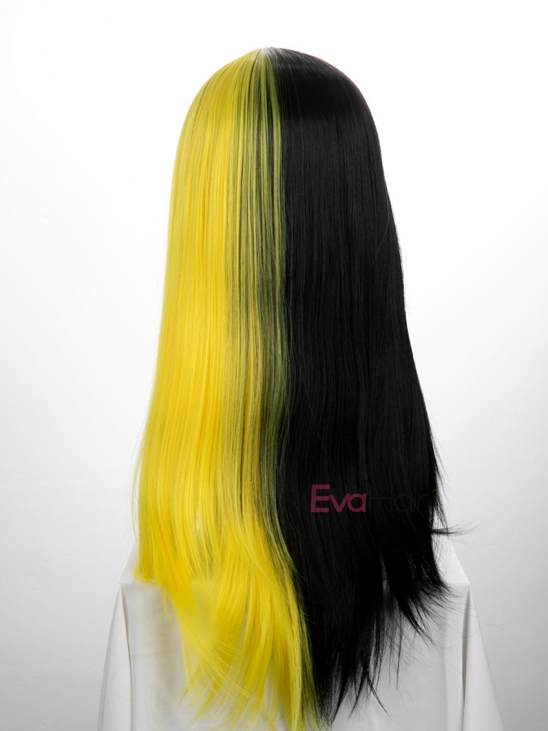 Evahair Half Black And Half Yellow Wefted Cap Long Staight Synthetic Wig With Bangs Home Evahair Evahair Half Black And Half Yellow Wefted Cap Long Staight Synthetic Wig With Bangs Home Evahair