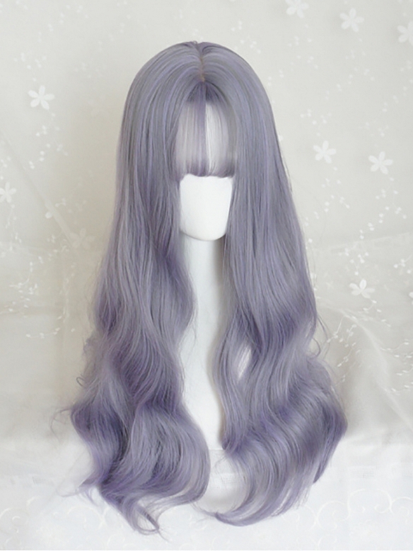 Evahair Grey and Purple Mixed Color Long Wavy Synthetic Wig with Bangs
