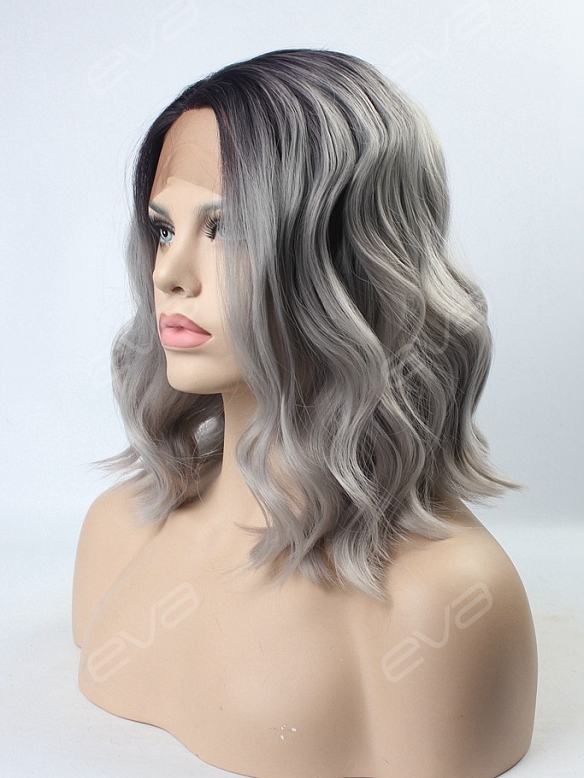 Grey Ombre Wavy Medium Length Synthetic Lace Front Wig