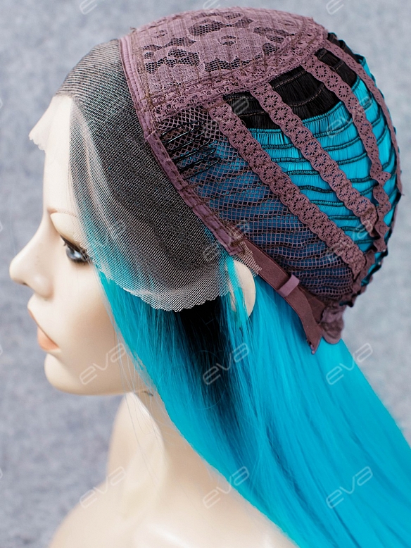 Electrical Blue Long Sleek Straight Synthetic Lace Front Wig with Dark Root