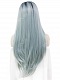Pastel Blue Color with Black Root Long Straight Synthetic Lace Front Wig 