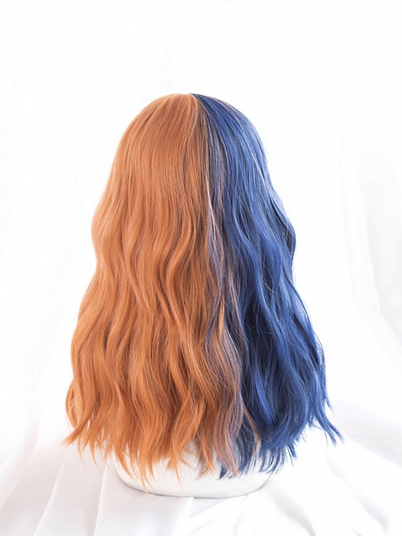 Evahair Half Blue and Half Orange Long Wavy Synthetic Wig with Bangs