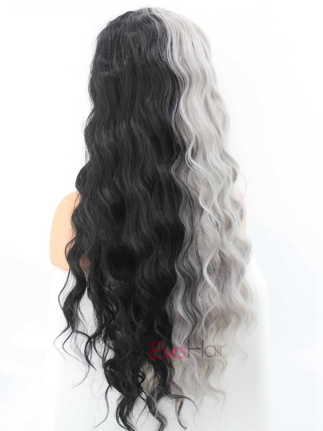 Half Black And Half Grey Water Wavy Quite Long Synthetic