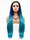 European and American style front lace long hair black and blue gradient wig