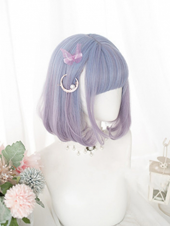 Evahair Blue to Purple Ombre Bob Straight Synthetic Wig with Bangs