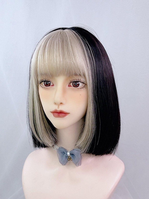 Evahair 2021 Special Offer Black and Blonde Mixed Color Short Straight Synthetic Wig with Bangs