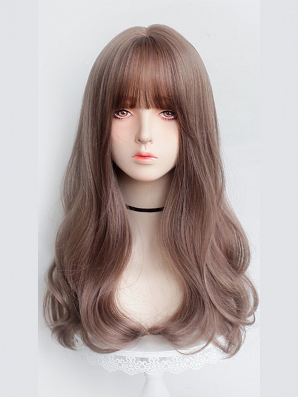 Evahair 2021 New Style Fuchsia Pink Long Wavy Synthetic Wig with Bangs