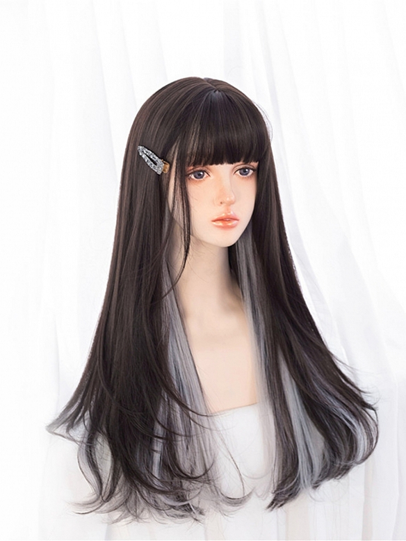 Evahair Silver and Dark Brown Long Straight Synthetic Wig with Bangs